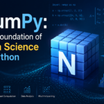 NumPy data science cover image with Python logo, array visualization, analytics charts, and modern technology graphics.