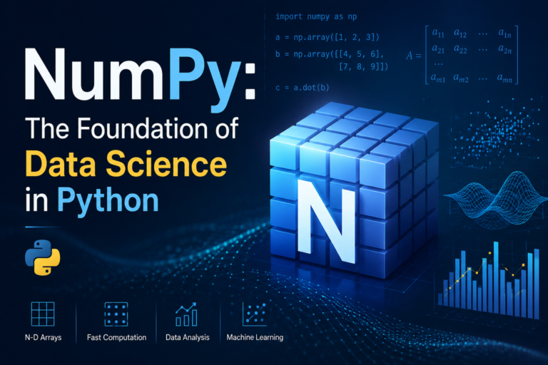 NumPy data science cover image with Python logo, array visualization, analytics charts, and modern technology graphics.